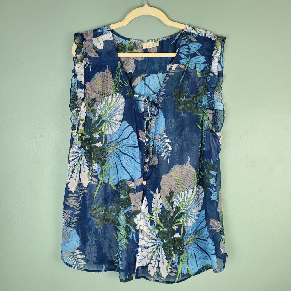 Bobbie Brooks Blue Sheer Tropical Button Down Sleeveless V-Neck Blouse Size 3X